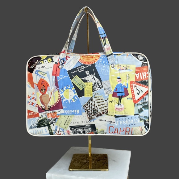 Vintage Handbags - VINTAGE 60s 70s Travel Sticker Stamp Cooler Bag Luggage Style Insulated Bag